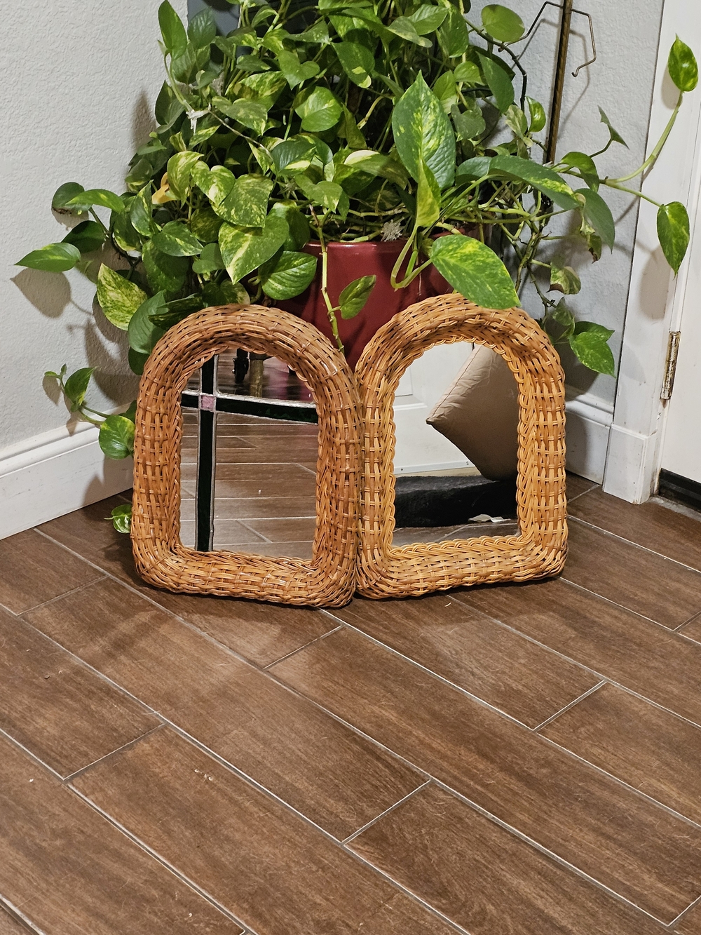 2 Woven Rattan Arch Wall Mirrors Natural Brown One Have Stained Glass Design On